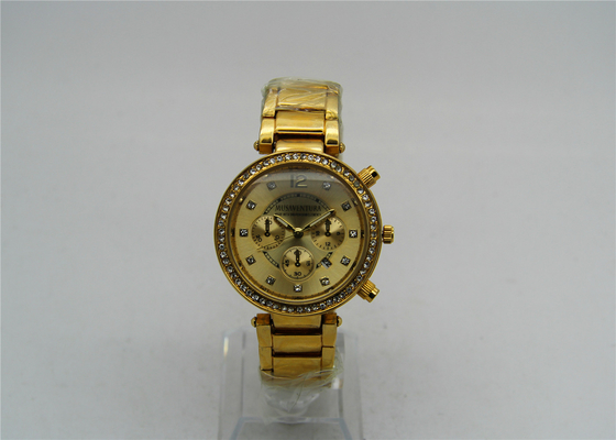movimiento análogo del cuarzo del reloj de cobre amarillo del señor del oro 18K con las piedras brillantes